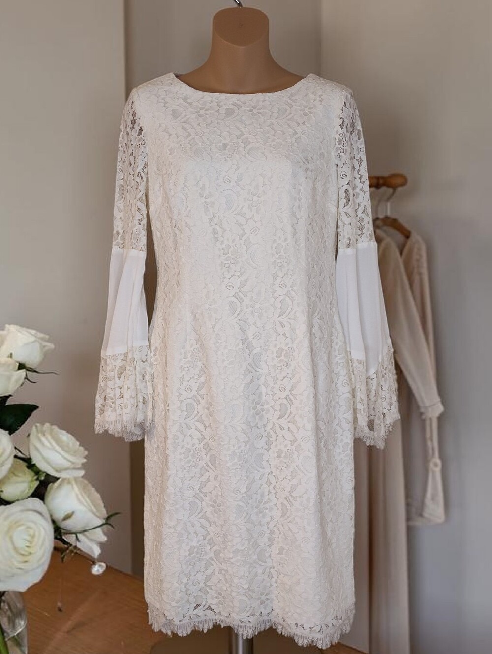 Whimsical Fairycore White Lace Long-Sleeve Sheath Dress Bell Sleeves Romantic
